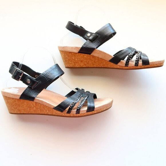 UGG Black Leather Cork Wedge Heel Open Toe Strappy Sandals Summer Shoes Size 12 - Picture 14 of 16